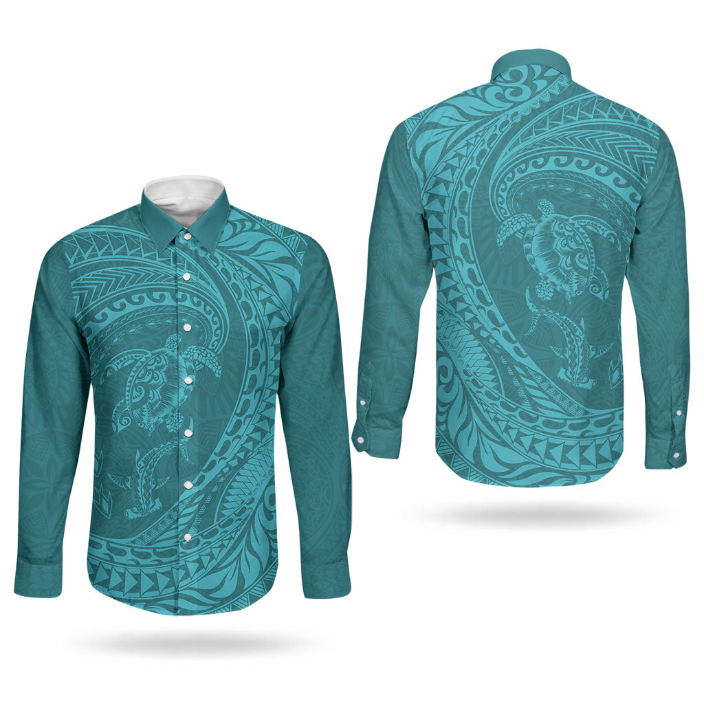 Hawaiian Turtle and Shark Couples Matching Off Shoulder Maxi Dress and Long Sleeve Button Shirt Kakau Tribal with Polynesian Pattern Turquoise Color