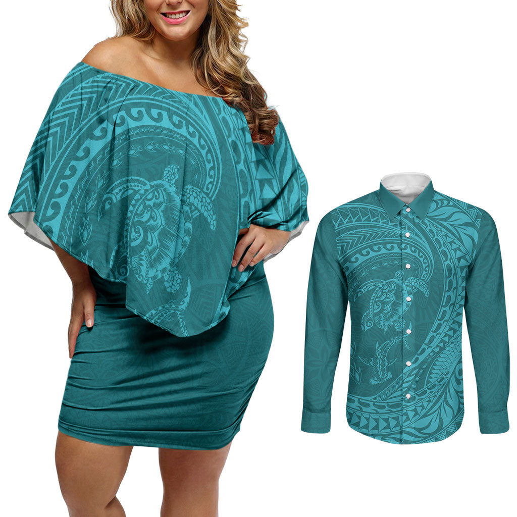 Hawaiian Turtle and Shark Couples Matching Off Shoulder Short Dress and Long Sleeve Button Shirt Kakau Tribal with Polynesian Pattern Turquoise Color
