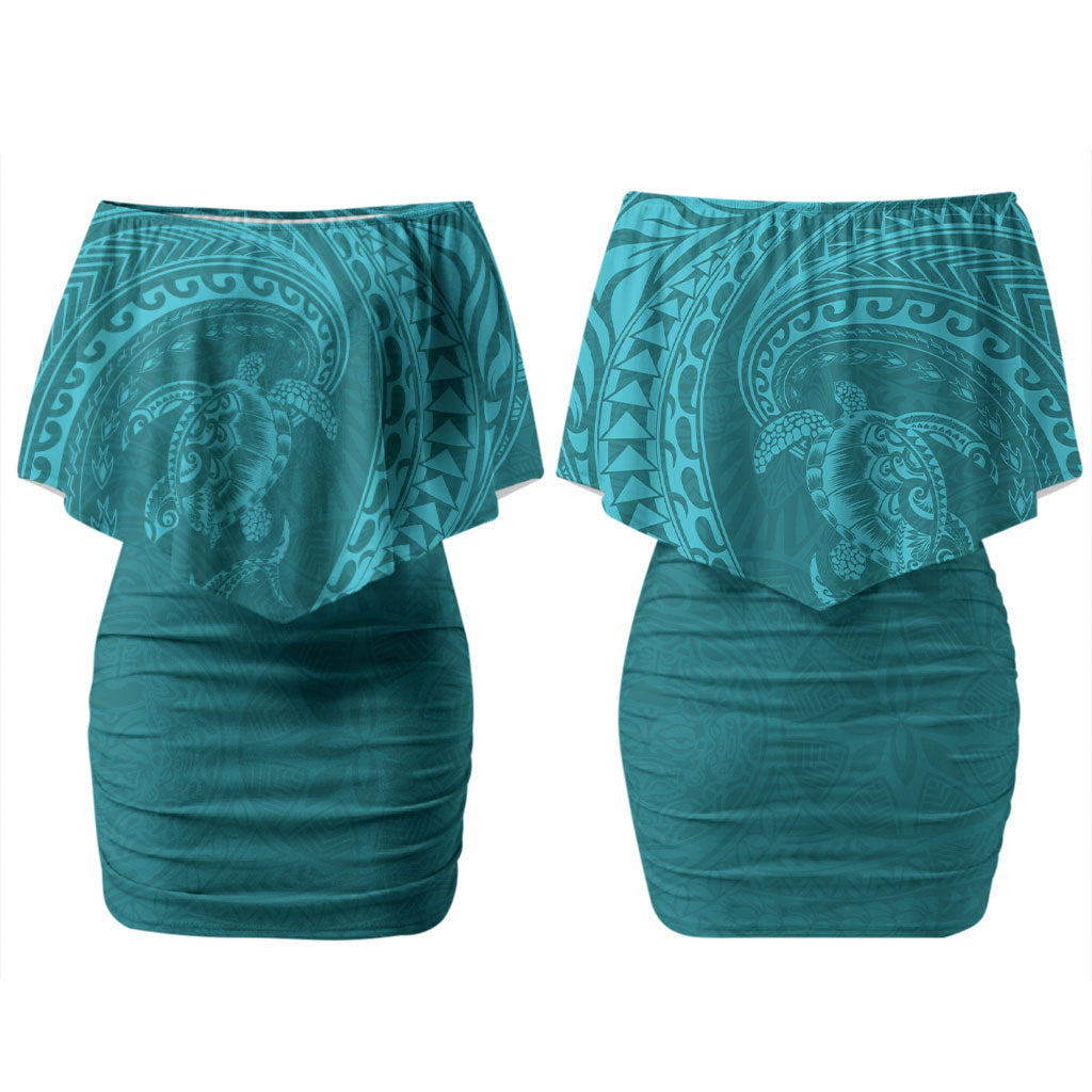 Hawaiian Turtle and Shark Couples Matching Off Shoulder Short Dress and Long Sleeve Button Shirt Kakau Tribal with Polynesian Pattern Turquoise Color