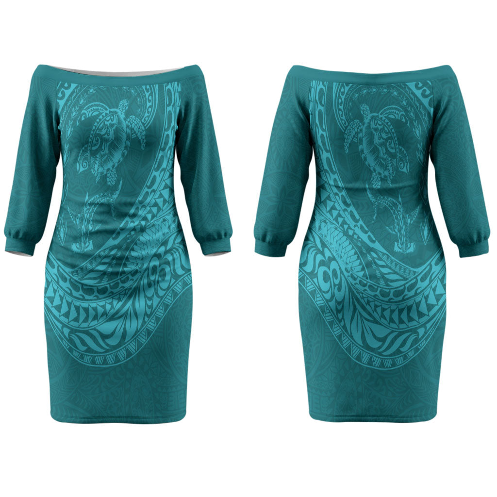Hawaiian Turtle and Shark Couples Matching Off The Shoulder Long Sleeve Dress and Long Sleeve Button Shirt Kakau Tribal with Polynesian Pattern Turquoise Color