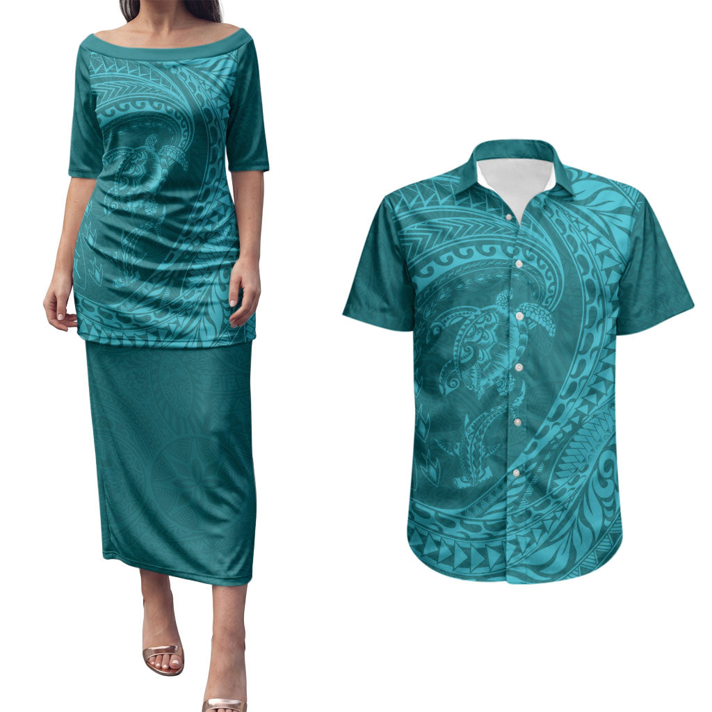 Hawaiian Turtle and Shark Couples Matching Puletasi and Hawaiian Shirt Kakau Tribal with Polynesian Pattern Turquoise Color