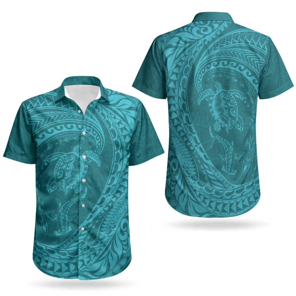 Hawaiian Turtle and Shark Couples Matching Puletasi and Hawaiian Shirt Kakau Tribal with Polynesian Pattern Turquoise Color