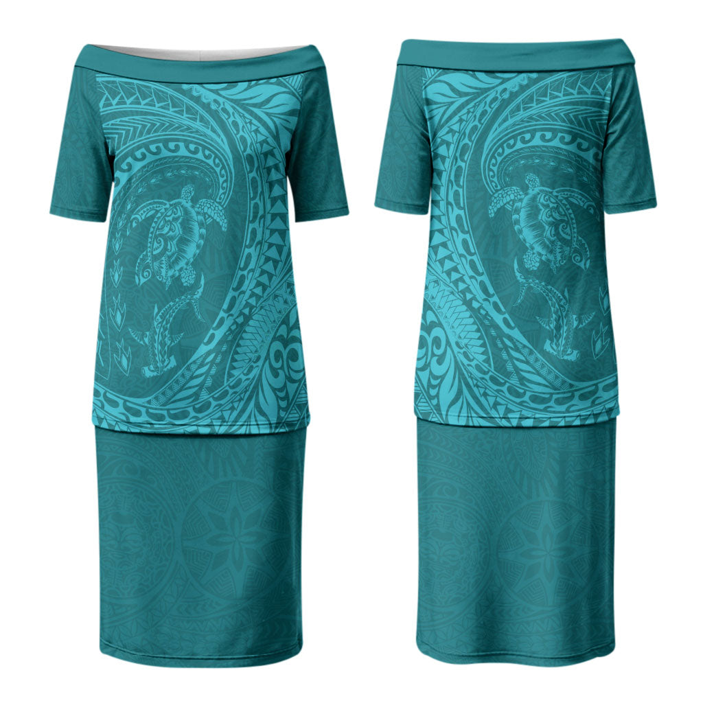 Hawaiian Turtle and Shark Couples Matching Puletasi and Hawaiian Shirt Kakau Tribal with Polynesian Pattern Turquoise Color