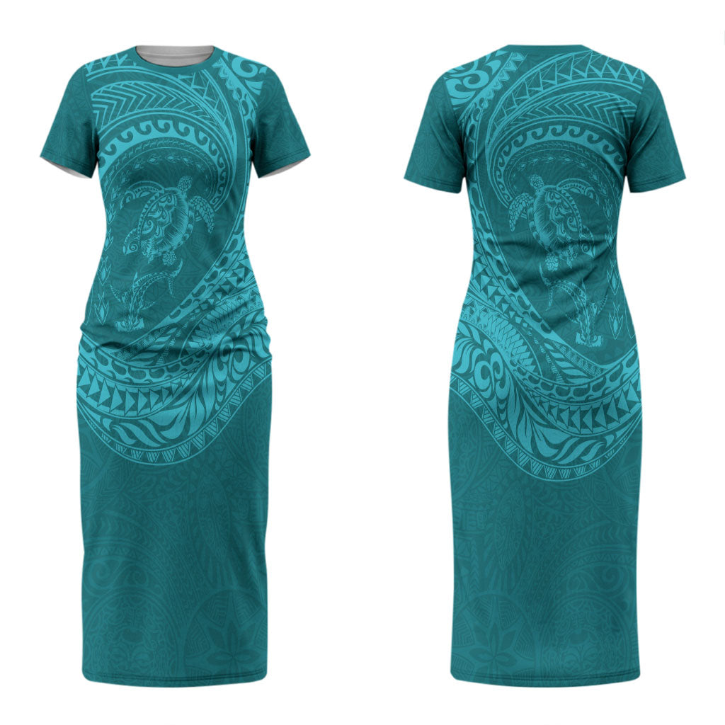 Hawaiian Turtle and Shark Couples Matching Short Sleeve Bodycon Dress and Hawaiian Shirt Kakau Tribal with Polynesian Pattern Turquoise Color