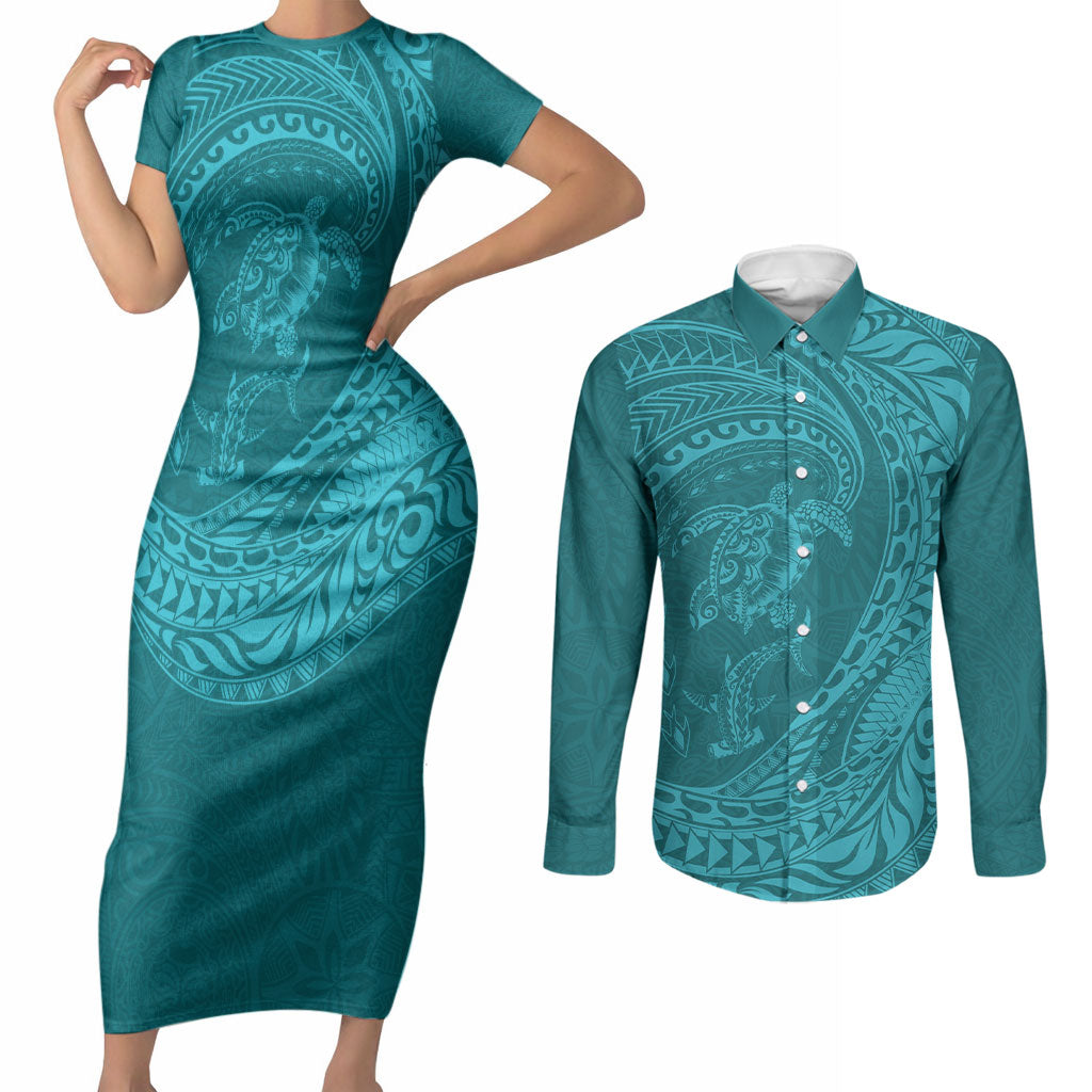 Hawaiian Turtle and Shark Couples Matching Short Sleeve Bodycon Dress and Long Sleeve Button Shirt Kakau Tribal with Polynesian Pattern Turquoise Color