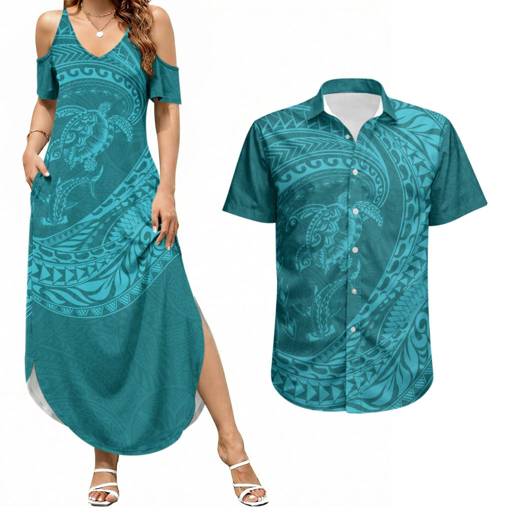 Hawaiian Turtle and Shark Couples Matching Summer Maxi Dress and Hawaiian Shirt Kakau Tribal with Polynesian Pattern Turquoise Color
