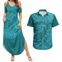 Hawaiian Turtle and Shark Couples Matching Summer Maxi Dress and Hawaiian Shirt Kakau Tribal with Polynesian Pattern Turquoise Color