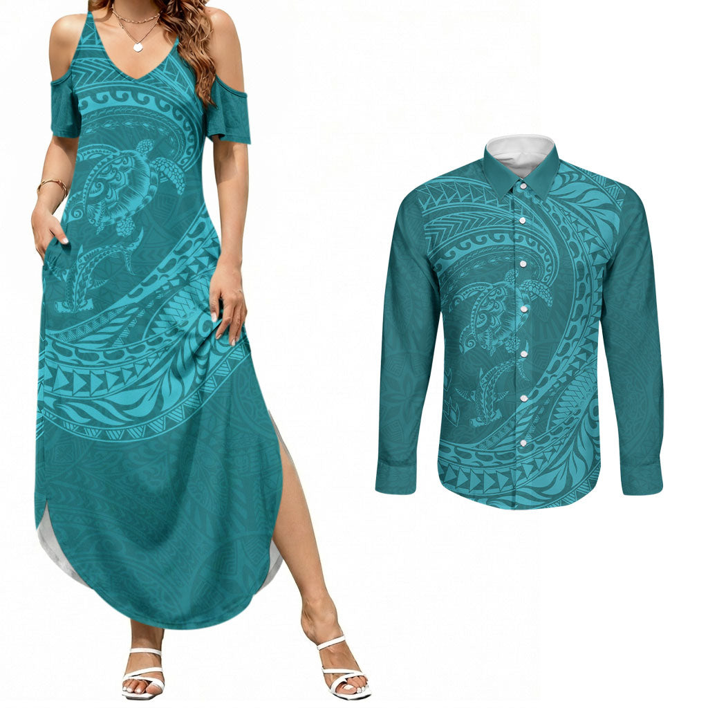 Hawaiian Turtle and Shark Couples Matching Summer Maxi Dress and Long Sleeve Button Shirt Kakau Tribal with Polynesian Pattern Turquoise Color