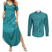 Hawaiian Turtle and Shark Couples Matching Summer Maxi Dress and Long Sleeve Button Shirt Kakau Tribal with Polynesian Pattern Turquoise Color