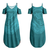 Hawaiian Turtle and Shark Couples Matching Summer Maxi Dress and Long Sleeve Button Shirt Kakau Tribal with Polynesian Pattern Turquoise Color