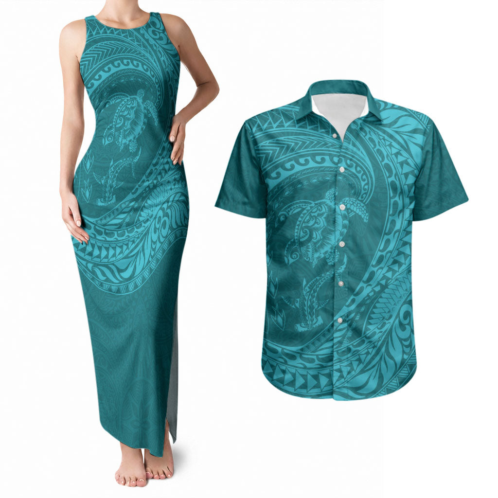 Hawaiian Turtle and Shark Couples Matching Tank Maxi Dress and Hawaiian Shirt Kakau Tribal with Polynesian Pattern Turquoise Color