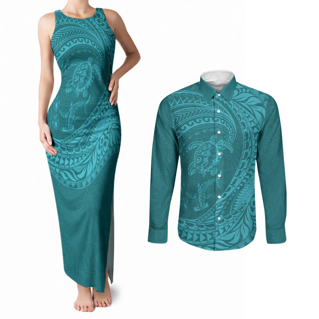 Hawaiian Turtle and Shark Couples Matching Tank Maxi Dress and Long Sleeve Button Shirt Kakau Tribal with Polynesian Pattern Turquoise Color