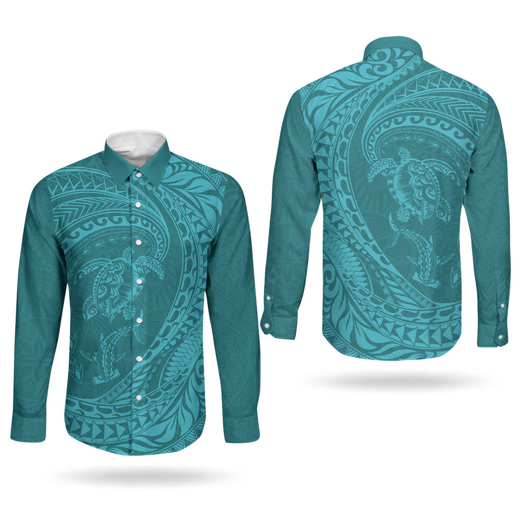 Hawaiian Turtle and Shark Couples Matching Tank Maxi Dress and Long Sleeve Button Shirt Kakau Tribal with Polynesian Pattern Turquoise Color