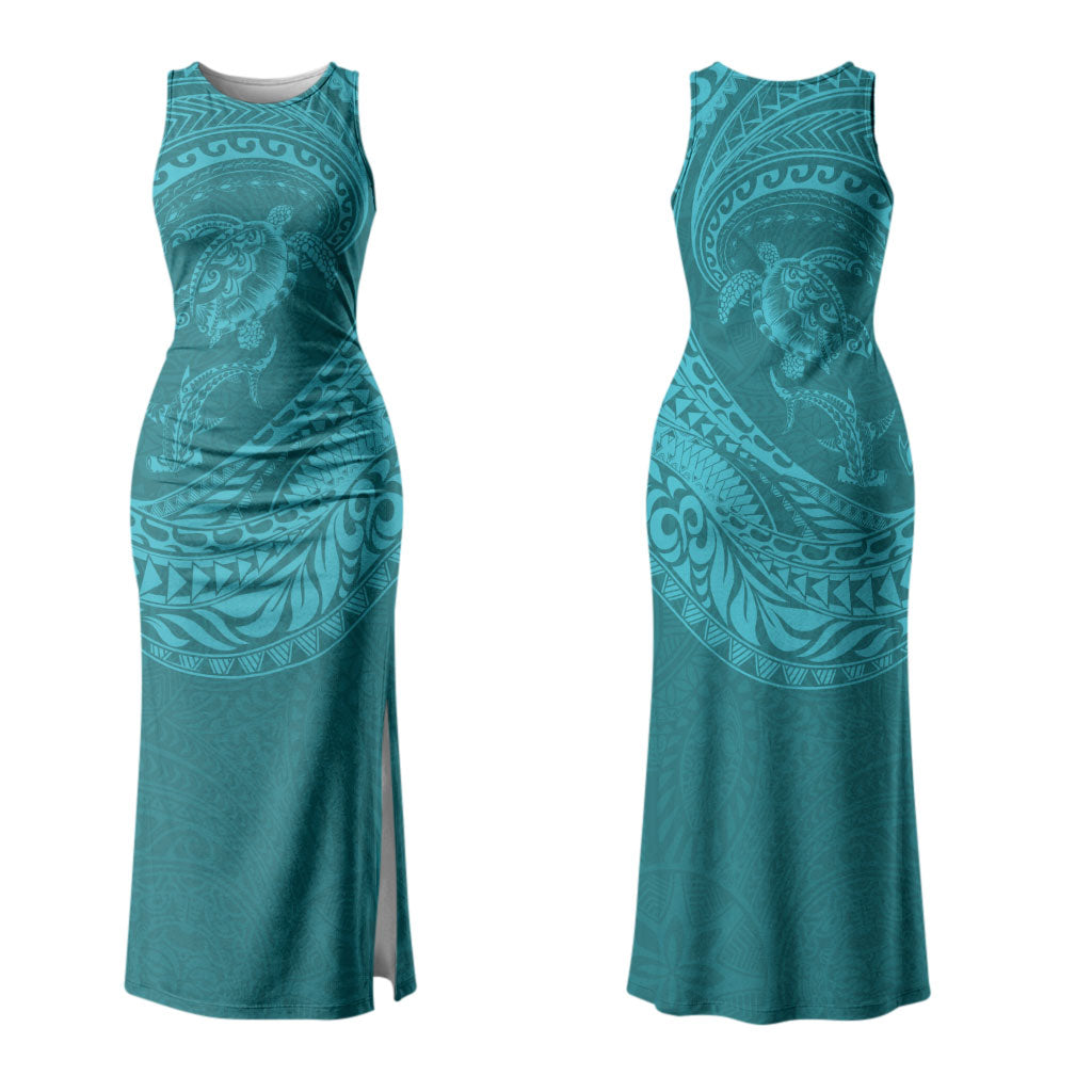 Hawaiian Turtle and Shark Couples Matching Tank Maxi Dress and Long Sleeve Button Shirt Kakau Tribal with Polynesian Pattern Turquoise Color