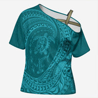 Hawaiian Turtle and Shark Cross Shoulder Shirt Kakau Tribal with Polynesian Pattern Turquoise Color
