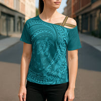 Hawaiian Turtle and Shark Cross Shoulder Shirt Kakau Tribal with Polynesian Pattern Turquoise Color