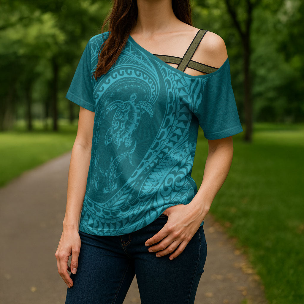 Hawaiian Turtle and Shark Cross Shoulder Shirt Kakau Tribal with Polynesian Pattern Turquoise Color