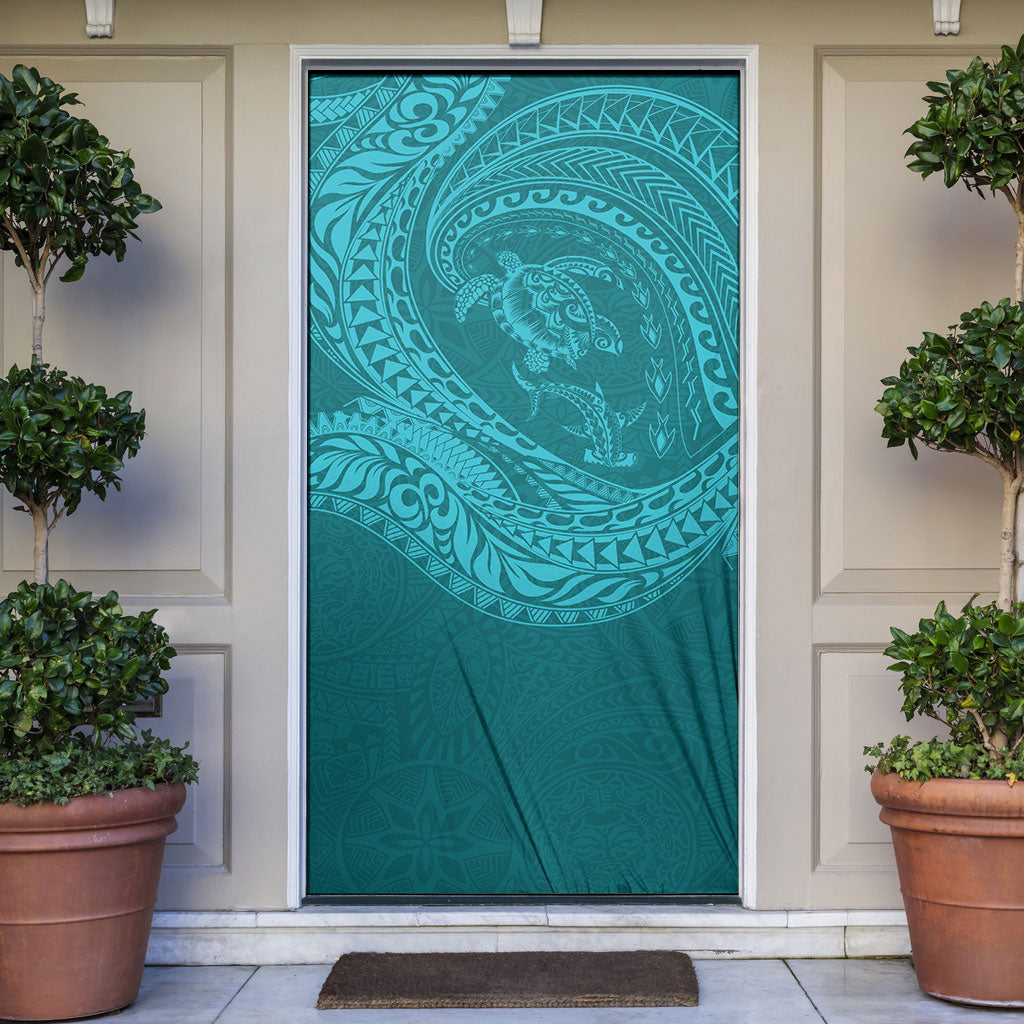 Hawaiian Turtle and Shark Door Cover Kakau Tribal with Polynesian Pattern Turquoise Color