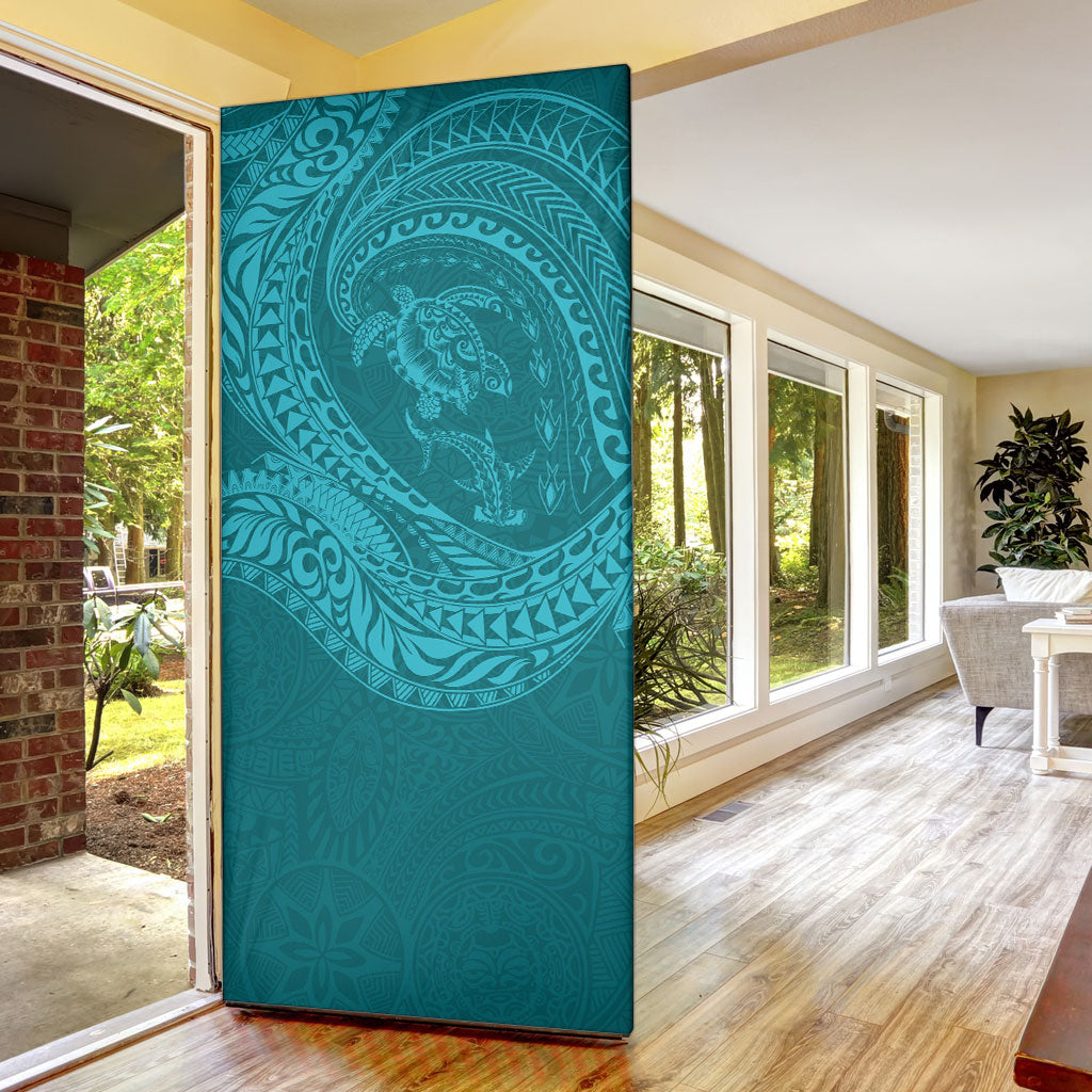 Hawaiian Turtle and Shark Door Cover Kakau Tribal with Polynesian Pattern Turquoise Color