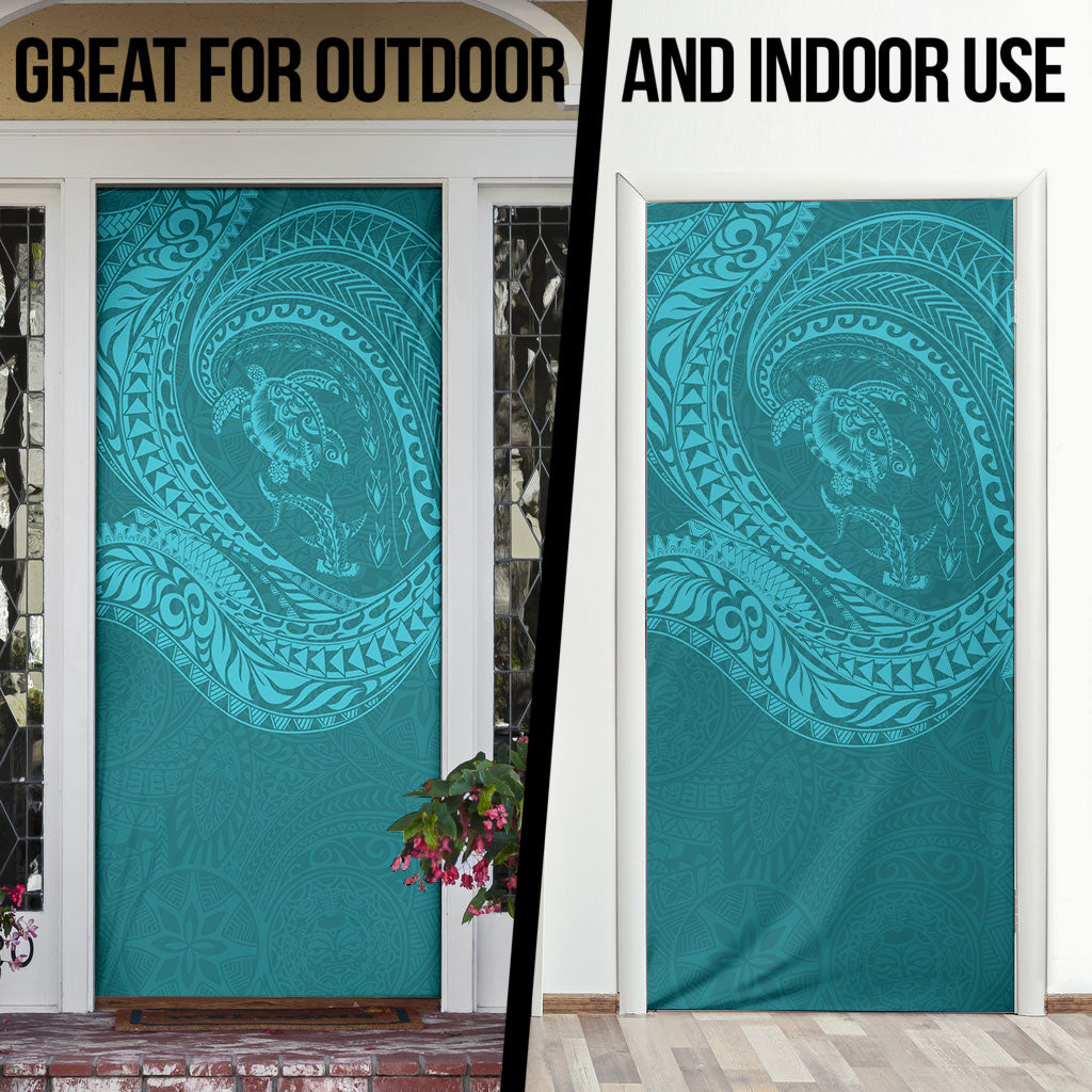 Hawaiian Turtle and Shark Door Cover Kakau Tribal with Polynesian Pattern Turquoise Color