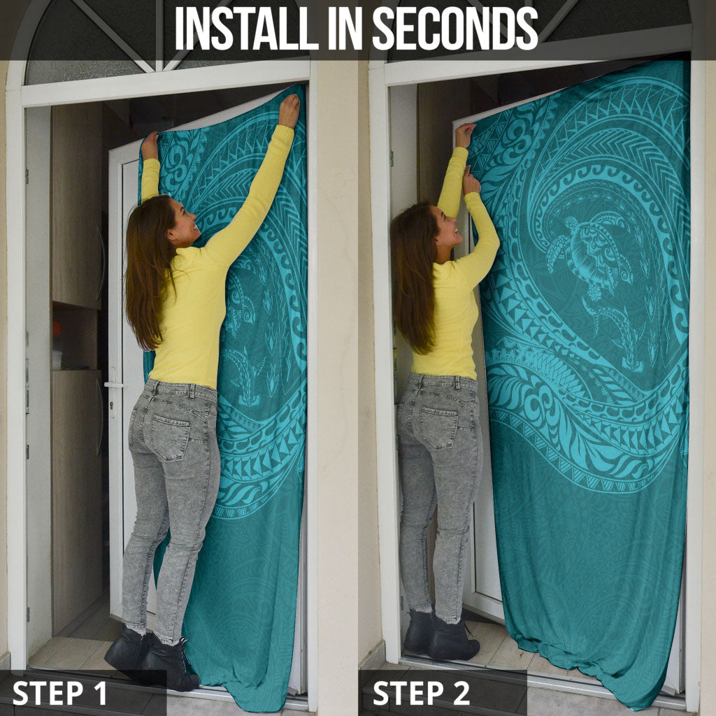 Hawaiian Turtle and Shark Door Cover Kakau Tribal with Polynesian Pattern Turquoise Color