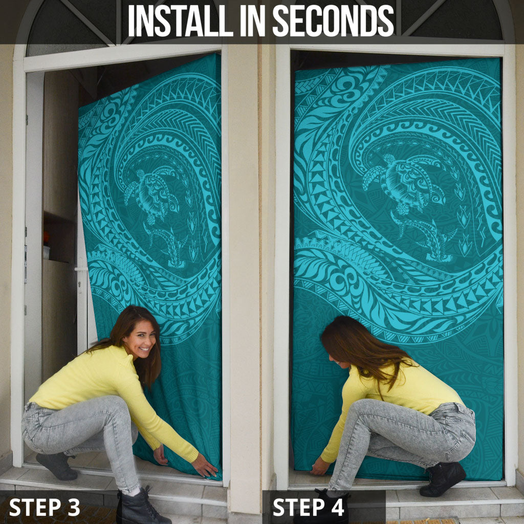Hawaiian Turtle and Shark Door Cover Kakau Tribal with Polynesian Pattern Turquoise Color