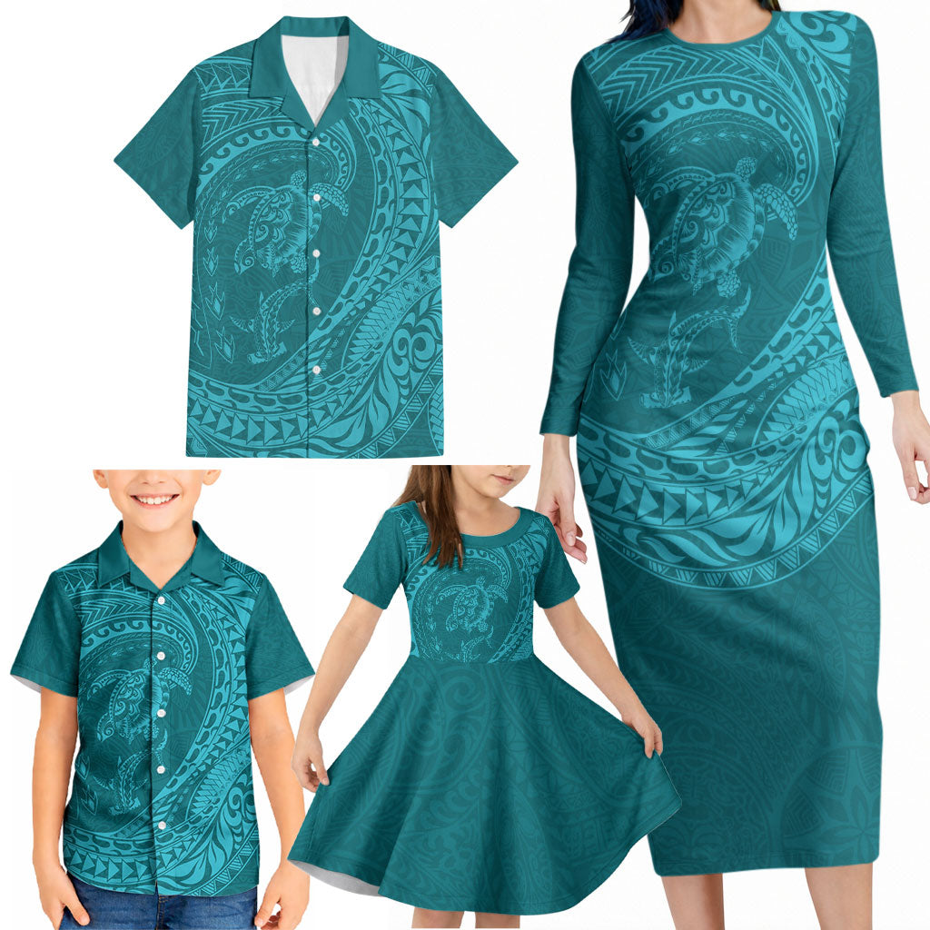 Hawaiian Turtle and Shark Family Matching Long Sleeve Bodycon Dress and Hawaiian Shirt Kakau Tribal with Polynesian Pattern Turquoise Color