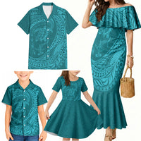Hawaiian Turtle and Shark Family Matching Mermaid Dress and Hawaiian Shirt Kakau Tribal with Polynesian Pattern Turquoise Color