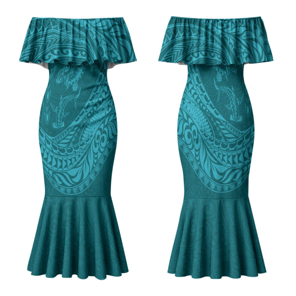 Hawaiian Turtle and Shark Family Matching Mermaid Dress and Hawaiian Shirt Kakau Tribal with Polynesian Pattern Turquoise Color