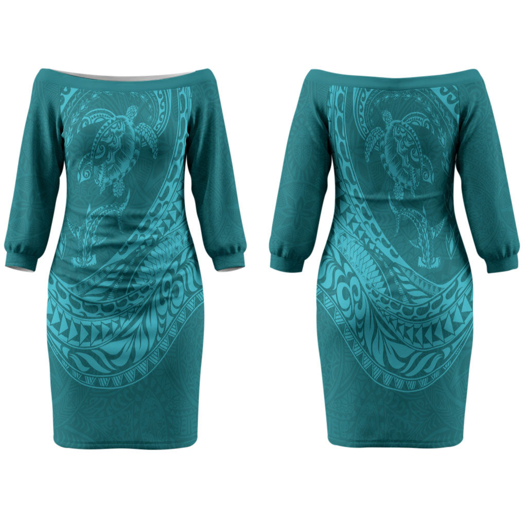Hawaiian Turtle and Shark Family Matching Off The Shoulder Long Sleeve Dress and Hawaiian Shirt Kakau Tribal with Polynesian Pattern Turquoise Color