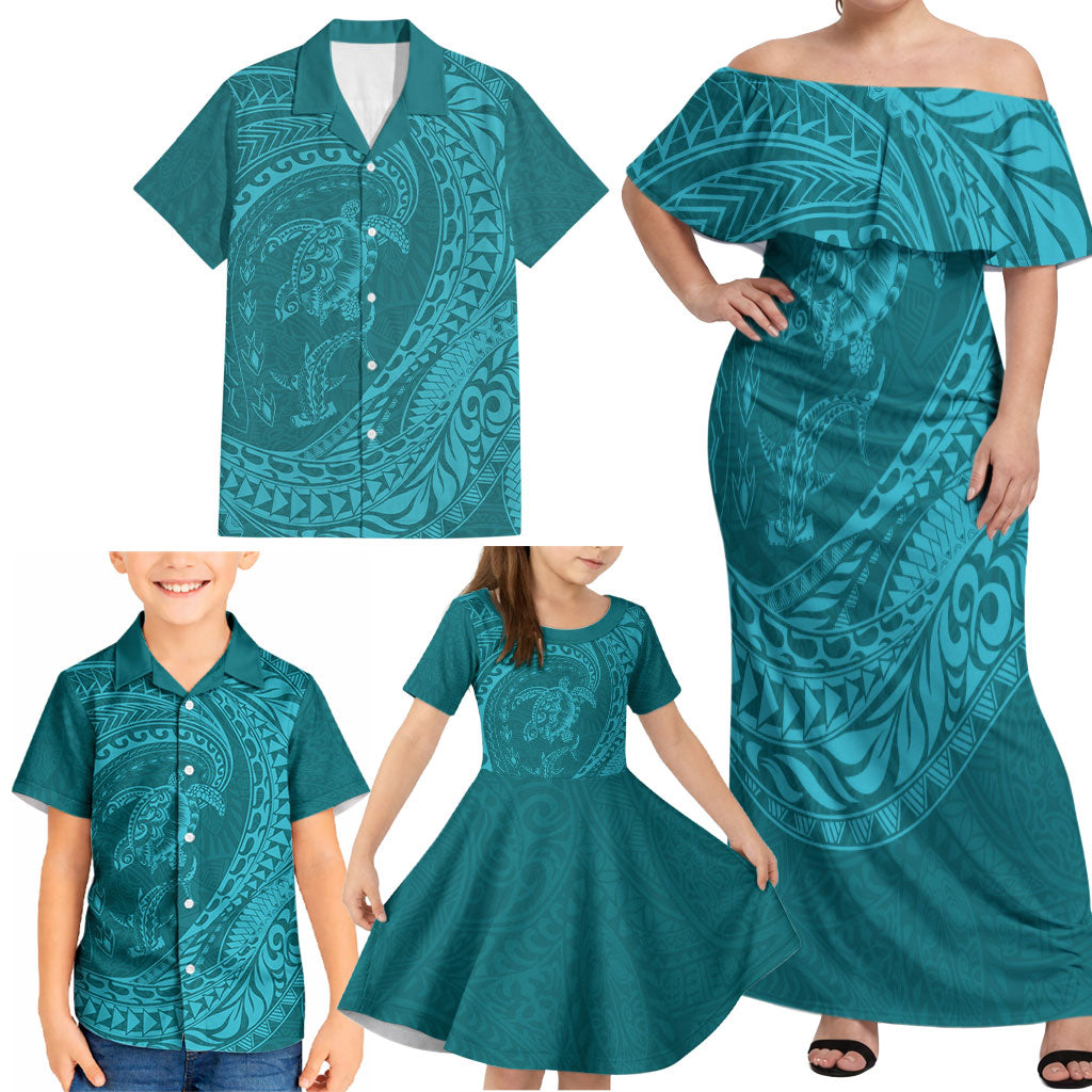 Hawaiian Turtle and Shark Family Matching Off Shoulder Maxi Dress and Hawaiian Shirt Kakau Tribal with Polynesian Pattern Turquoise Color