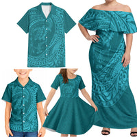 Hawaiian Turtle and Shark Family Matching Off Shoulder Maxi Dress and Hawaiian Shirt Kakau Tribal with Polynesian Pattern Turquoise Color
