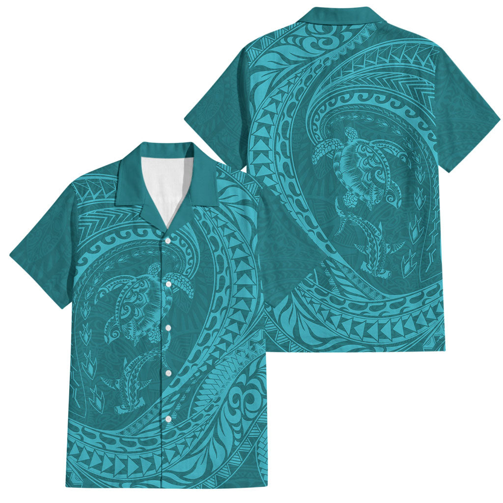 Hawaiian Turtle and Shark Family Matching Off Shoulder Maxi Dress and Hawaiian Shirt Kakau Tribal with Polynesian Pattern Turquoise Color