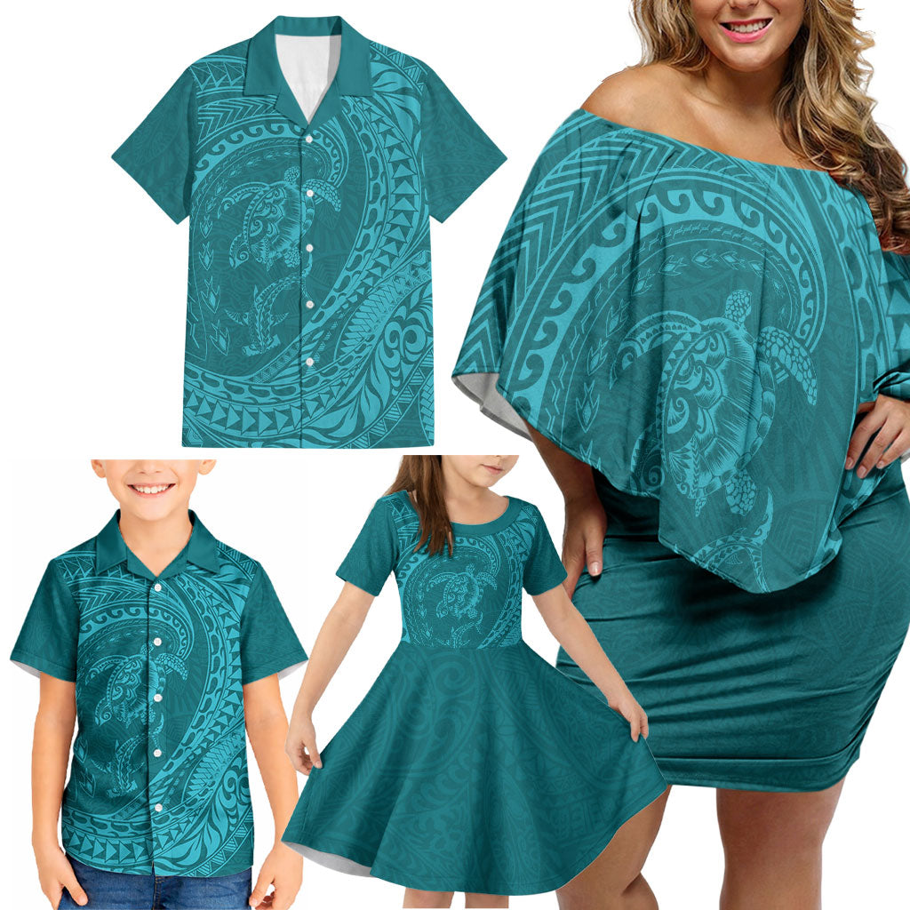 Hawaiian Turtle and Shark Family Matching Off Shoulder Short Dress and Hawaiian Shirt Kakau Tribal with Polynesian Pattern Turquoise Color
