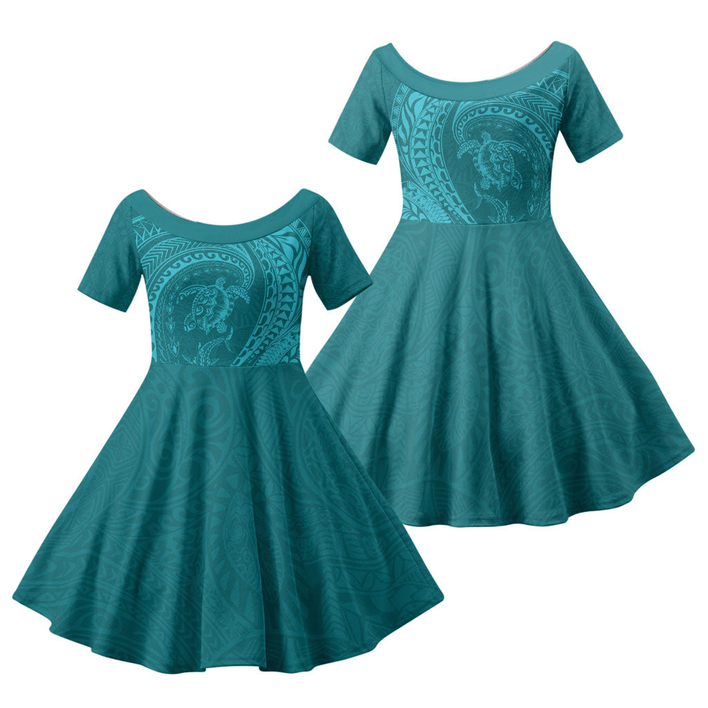 Hawaiian Turtle and Shark Family Matching Off Shoulder Short Dress and Hawaiian Shirt Kakau Tribal with Polynesian Pattern Turquoise Color