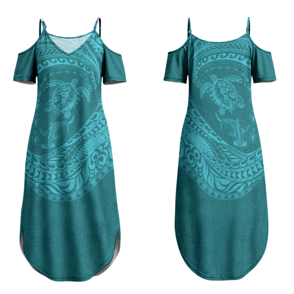 Hawaiian Turtle and Shark Family Matching Summer Maxi Dress and Hawaiian Shirt Kakau Tribal with Polynesian Pattern Turquoise Color