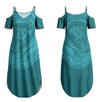 Hawaiian Turtle and Shark Family Matching Summer Maxi Dress and Hawaiian Shirt Kakau Tribal with Polynesian Pattern Turquoise Color