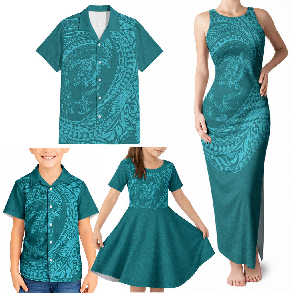Hawaiian Turtle and Shark Family Matching Tank Maxi Dress and Hawaiian Shirt Kakau Tribal with Polynesian Pattern Turquoise Color