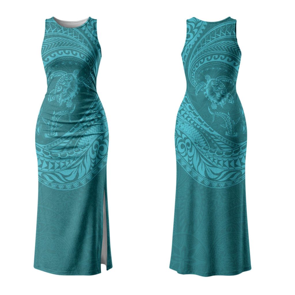Hawaiian Turtle and Shark Family Matching Tank Maxi Dress and Hawaiian Shirt Kakau Tribal with Polynesian Pattern Turquoise Color