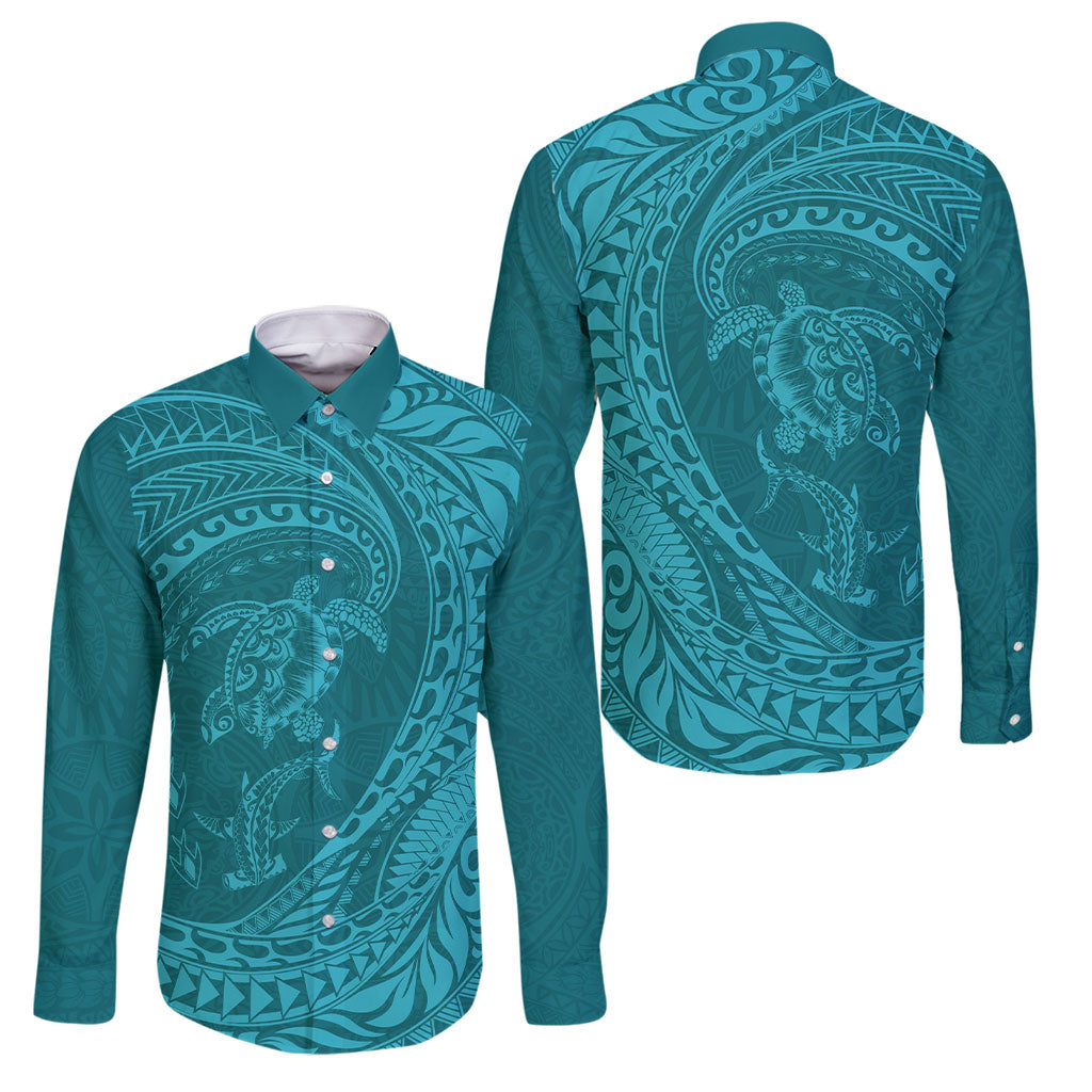 Hawaiian Turtle and Shark Family Matching Tank Maxi Dress and Hawaiian Shirt Kakau Tribal with Polynesian Pattern Turquoise Color