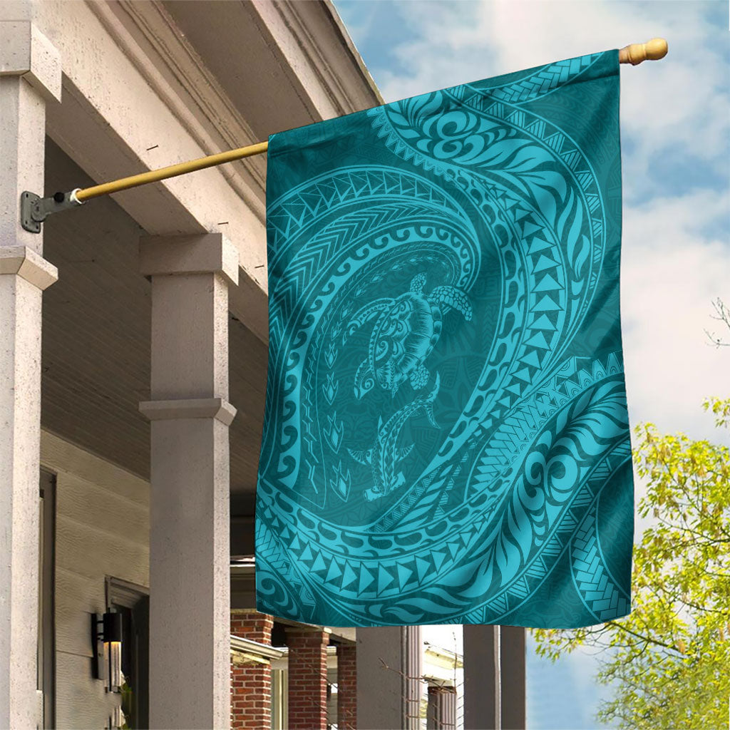 Hawaiian Turtle and Shark Garden Flag Kakau Tribal with Polynesian Pattern Turquoise Color