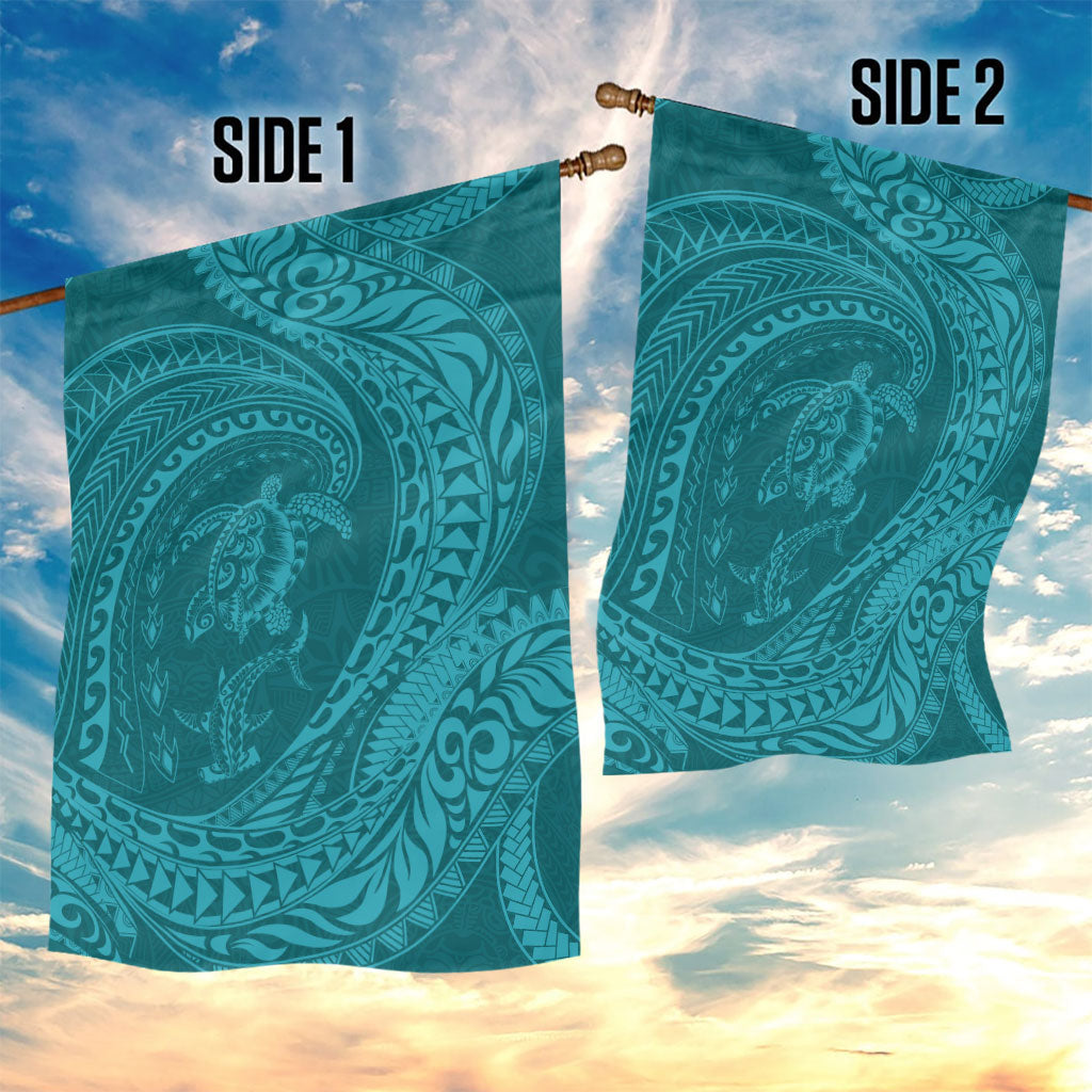 Hawaiian Turtle and Shark Garden Flag Kakau Tribal with Polynesian Pattern Turquoise Color