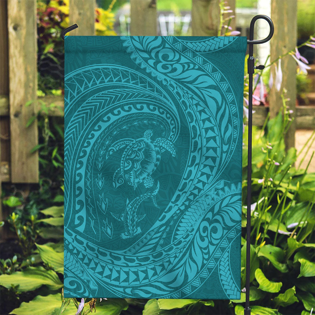 Hawaiian Turtle and Shark Garden Flag Kakau Tribal with Polynesian Pattern Turquoise Color