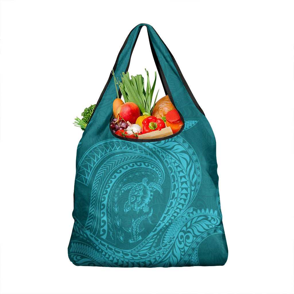 Hawaiian Turtle and Shark Grocery Bag Kakau Tribal with Polynesian Pattern Turquoise Color