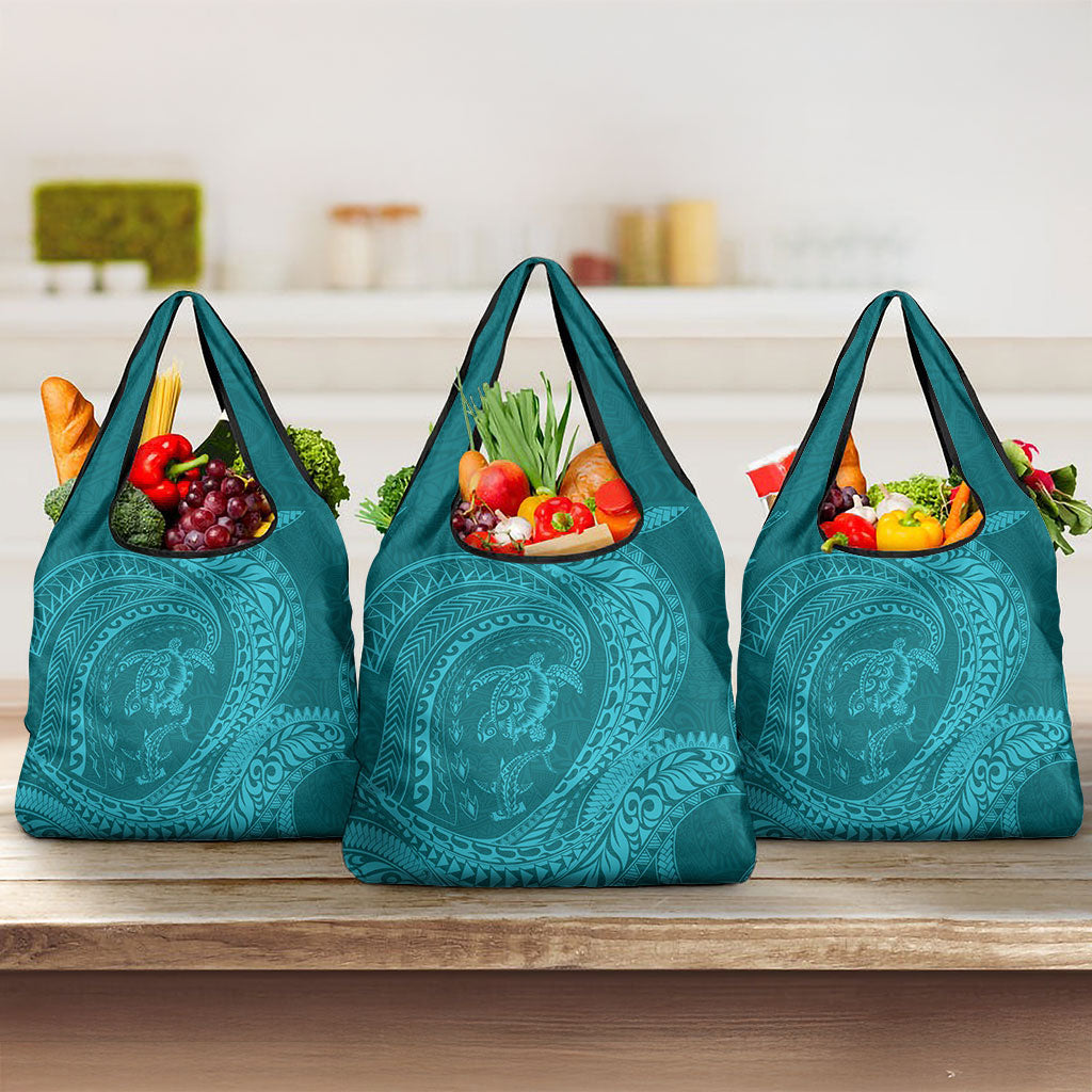 Hawaiian Turtle and Shark Grocery Bag Kakau Tribal with Polynesian Pattern Turquoise Color