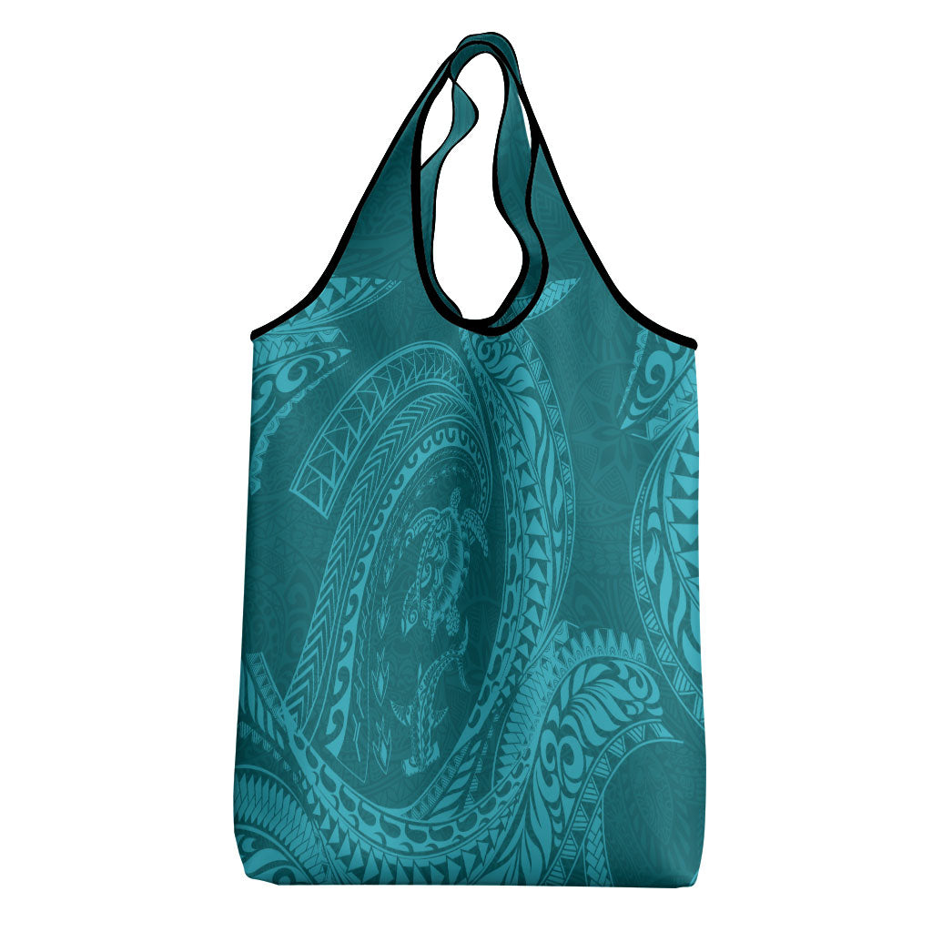 Hawaiian Turtle and Shark Grocery Bag Kakau Tribal with Polynesian Pattern Turquoise Color