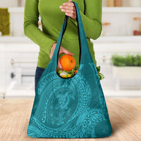 Hawaiian Turtle and Shark Grocery Bag Kakau Tribal with Polynesian Pattern Turquoise Color