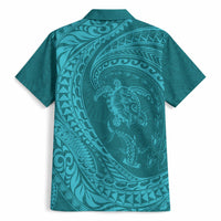 Hawaiian Turtle and Shark Hawaiian Shirt Kakau Tribal with Polynesian Pattern Turquoise Color