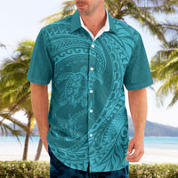Hawaiian Turtle and Shark Hawaiian Shirt Kakau Tribal with Polynesian Pattern Turquoise Color