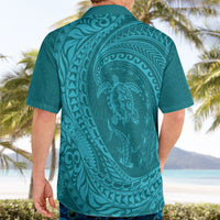 Hawaiian Turtle and Shark Hawaiian Shirt Kakau Tribal with Polynesian Pattern Turquoise Color